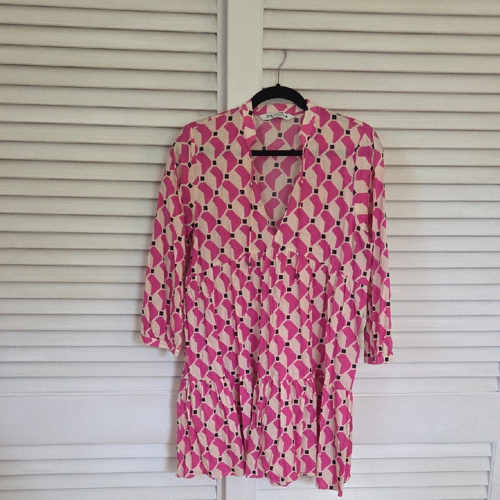 Zara Pink and Cream Geometric Cotton Dress